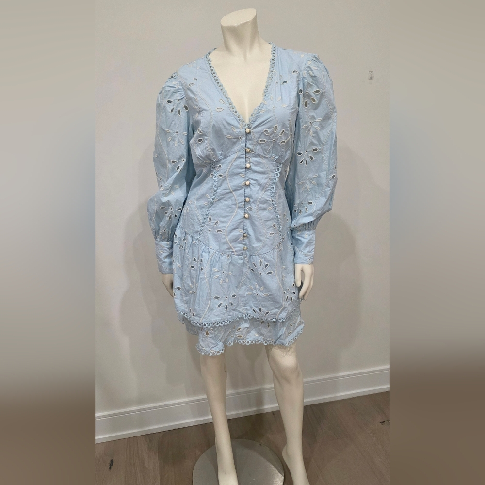NWT River Island Showmance Light Blue Mini Dress Eyelet Broidery US 6